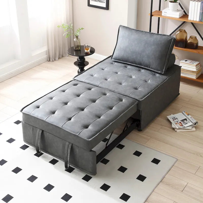 39" Faux Leather Ottoman Pull-Out Sofa Bed with Adjustable Backrest