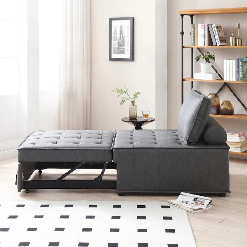 39" Faux Leather Ottoman Pull-Out Sofa Bed with Adjustable Backrest