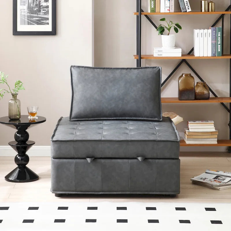 39" Faux Leather Ottoman Pull-Out Sofa Bed with Adjustable Backrest