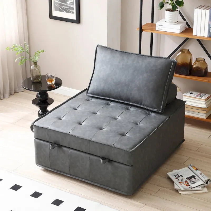 39" Faux Leather Ottoman Pull-Out Sofa Bed with Adjustable Backrest