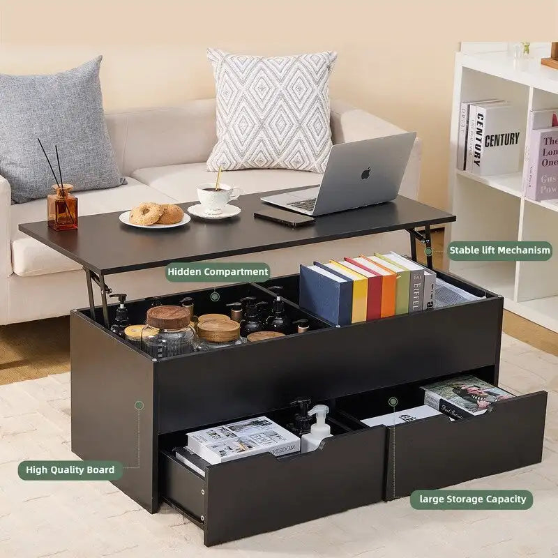 Table basse relevable avec compartiment de rangement caché et 2 tiroirs