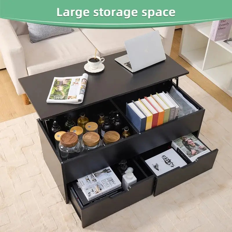 Table basse relevable avec compartiment de rangement caché et 2 tiroirs