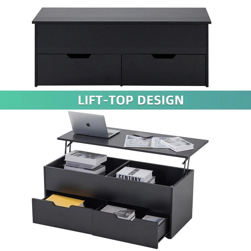 Table basse relevable avec compartiment de rangement caché et 2 tiroirs