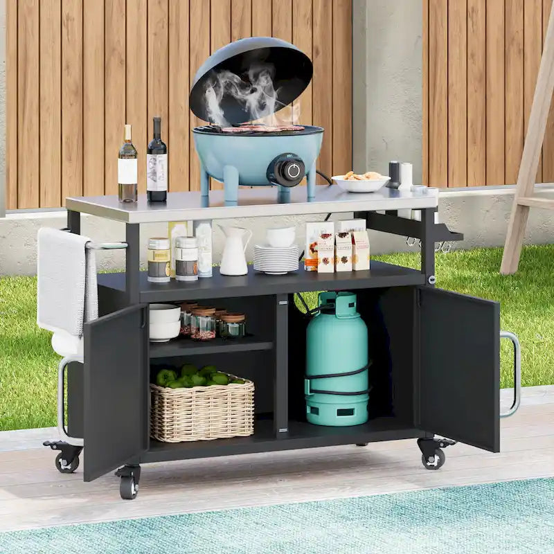 54.5 Outdoor Kitchen Island with Stainless Steel Tabletop, Metal Grill Cart Table with Storage Cabinet, Spice Rack