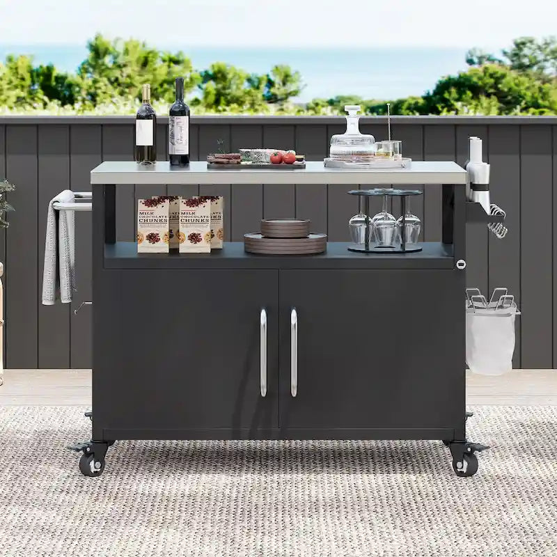 54.5 Outdoor Kitchen Island with Stainless Steel Tabletop, Metal Grill Cart Table with Storage Cabinet, Spice Rack