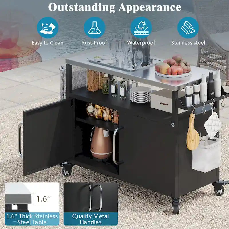54.5 Outdoor Kitchen Island with Stainless Steel Tabletop, Metal Grill Cart Table with Storage Cabinet, Spice Rack