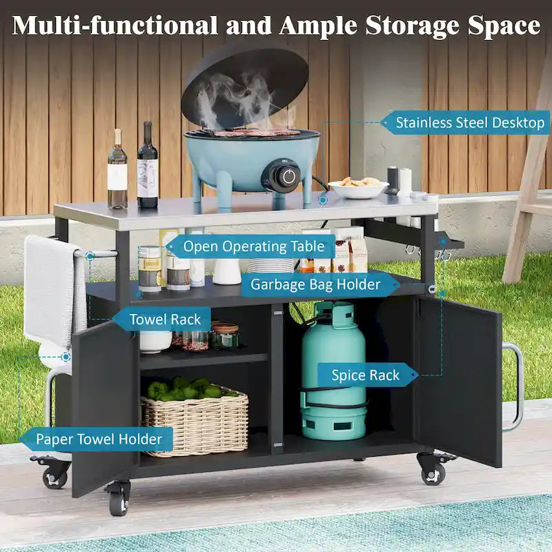 54.5 Outdoor Kitchen Island with Stainless Steel Tabletop, Metal Grill Cart Table with Storage Cabinet, Spice Rack
