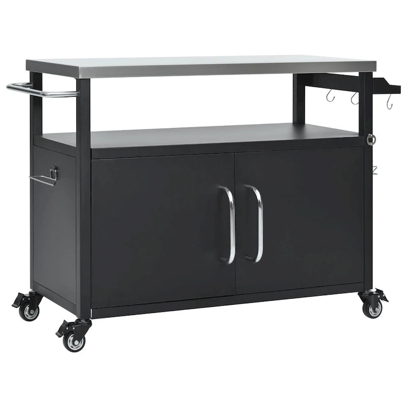 54,5 îlot de cuisine extérieur avec plateau en acier inoxydable, table de chariot de barbecue en métal avec armoire de rangement, étagère à épices