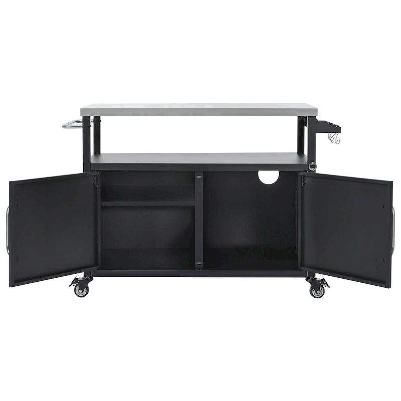 54,5 îlot de cuisine extérieur avec plateau en acier inoxydable, table de chariot de barbecue en métal avec armoire de rangement, étagère à épices