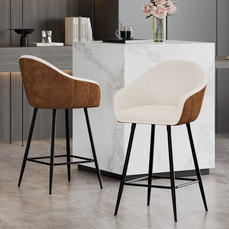 26.5" Modern Upholstered Counter Stools with Metal Legs, Set of 2 - Beige & Brown