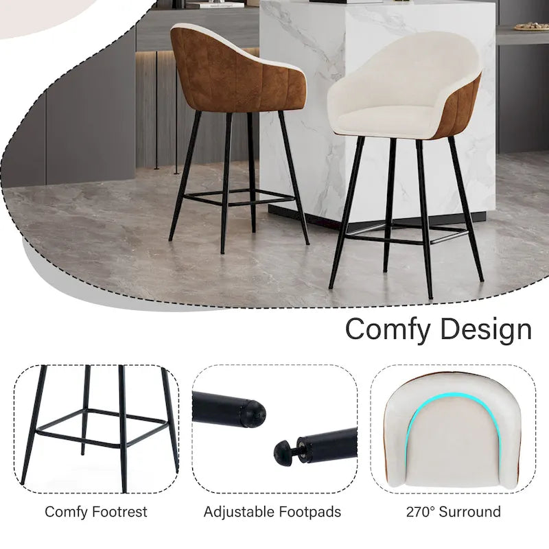 26.5" Modern Upholstered Counter Stools with Metal Legs, Set of 2 - Beige & Brown