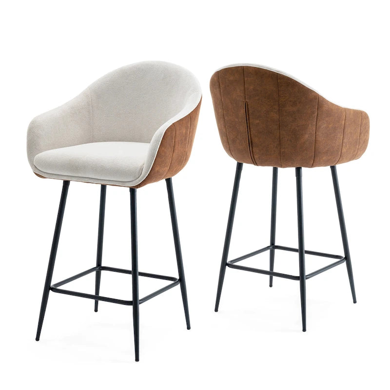 26.5" Modern Upholstered Counter Stools with Metal Legs, Set of 2 - Beige & Brown