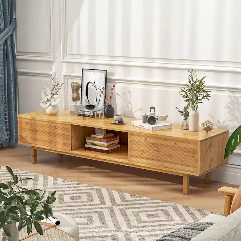 Meuble TV en bambou de 160 cm avec 3 cubes de rangement et portes coulissantes