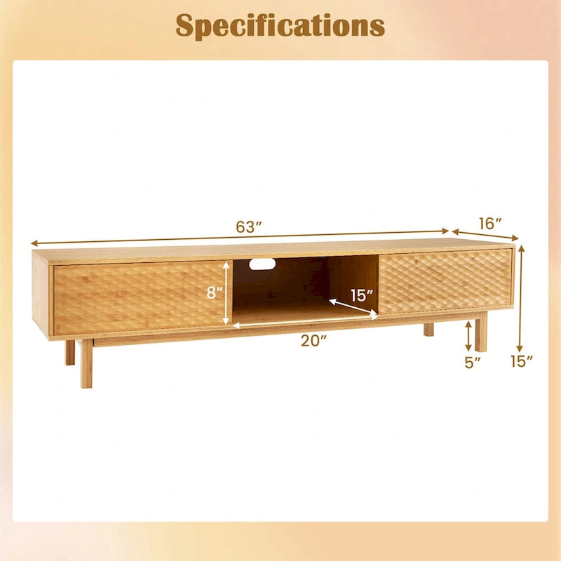 63" Bamboo TV Stand with 3 Storage Cubes & Sliding Doors