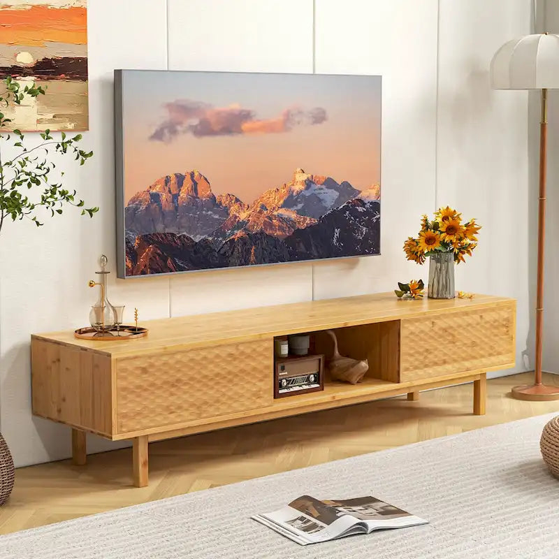 63" Bamboo TV Stand with 3 Storage Cubes & Sliding Doors