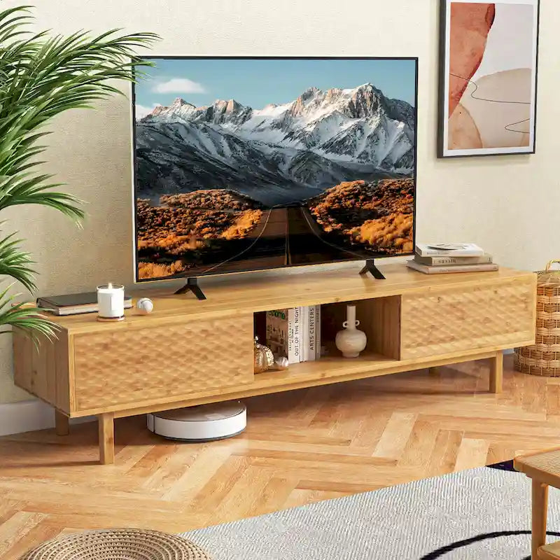 63" Bamboo TV Stand with 3 Storage Cubes & Sliding Doors