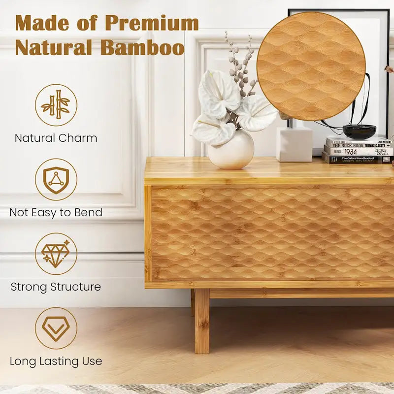 Meuble TV en bambou de 160 cm avec 3 cubes de rangement et portes coulissantes