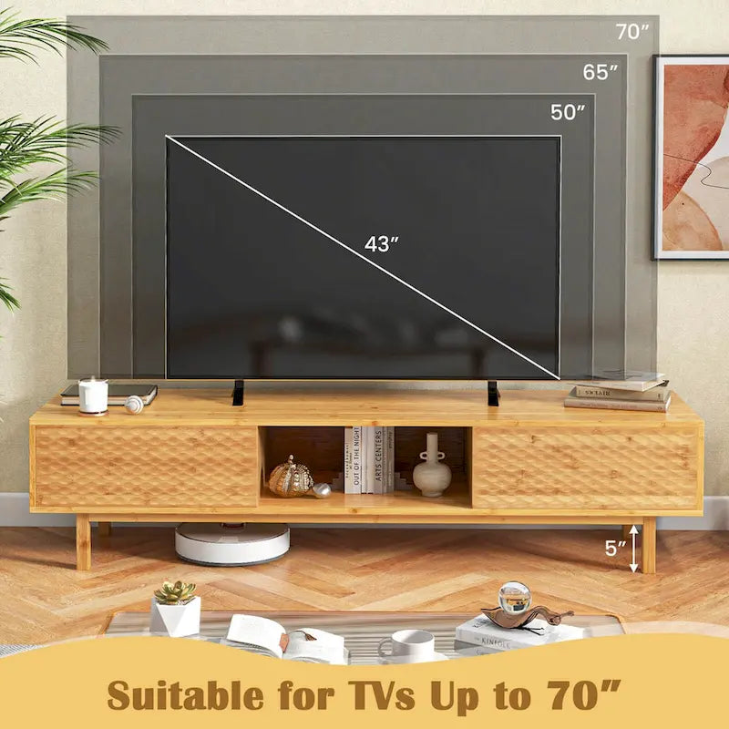 Meuble TV en bambou de 160 cm avec 3 cubes de rangement et portes coulissantes