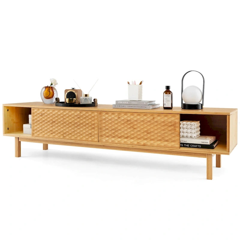 Meuble TV en bambou de 160 cm avec 3 cubes de rangement et portes coulissantes