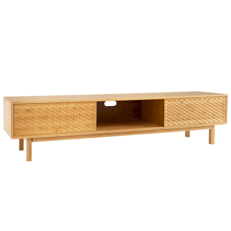Meuble TV en bambou de 160 cm avec 3 cubes de rangement et portes coulissantes