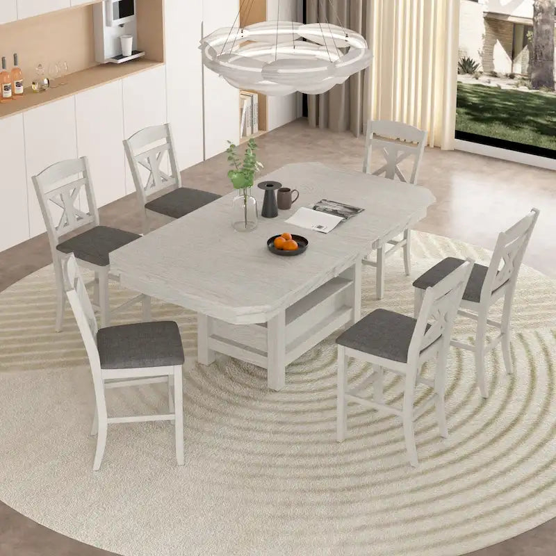 Table de salle à manger extensible en bois massif avec étagère de rangement à 3 niveaux, 6 à 8 places
