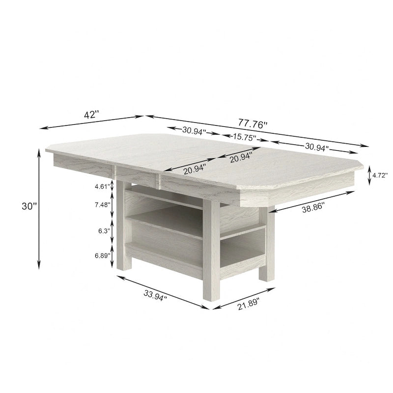 Table de salle à manger extensible en bois massif avec étagère de rangement à 3 niveaux, 6 à 8 places