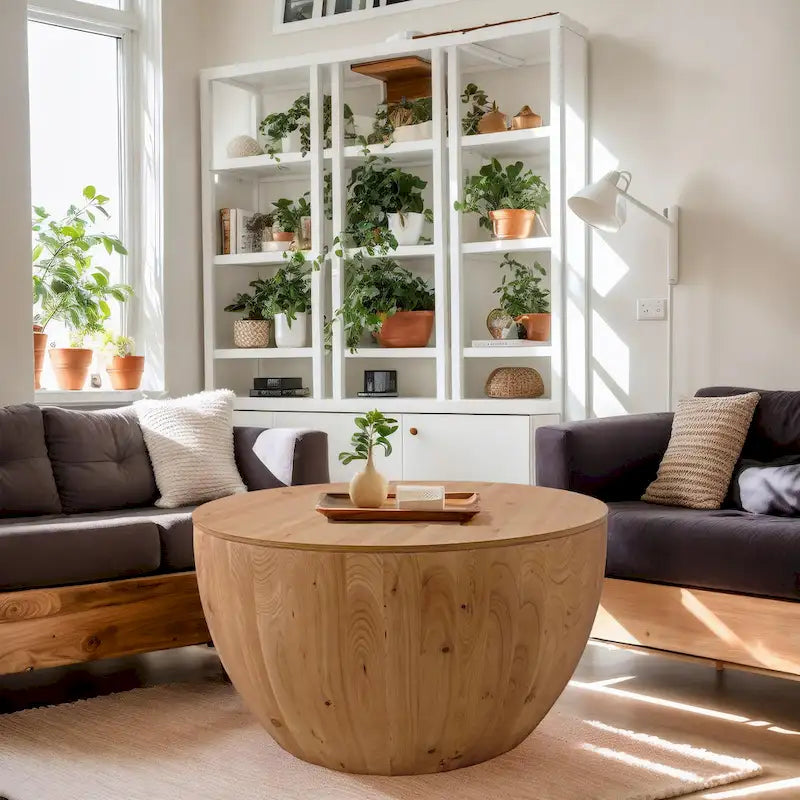 Vintage Style Bucket Shaped Coffee Table with Storage and Reasonable Load-bearing Capacity