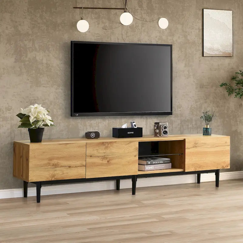 70" Wood TV Stand with LED Lights, Cabinets & Open Shelves