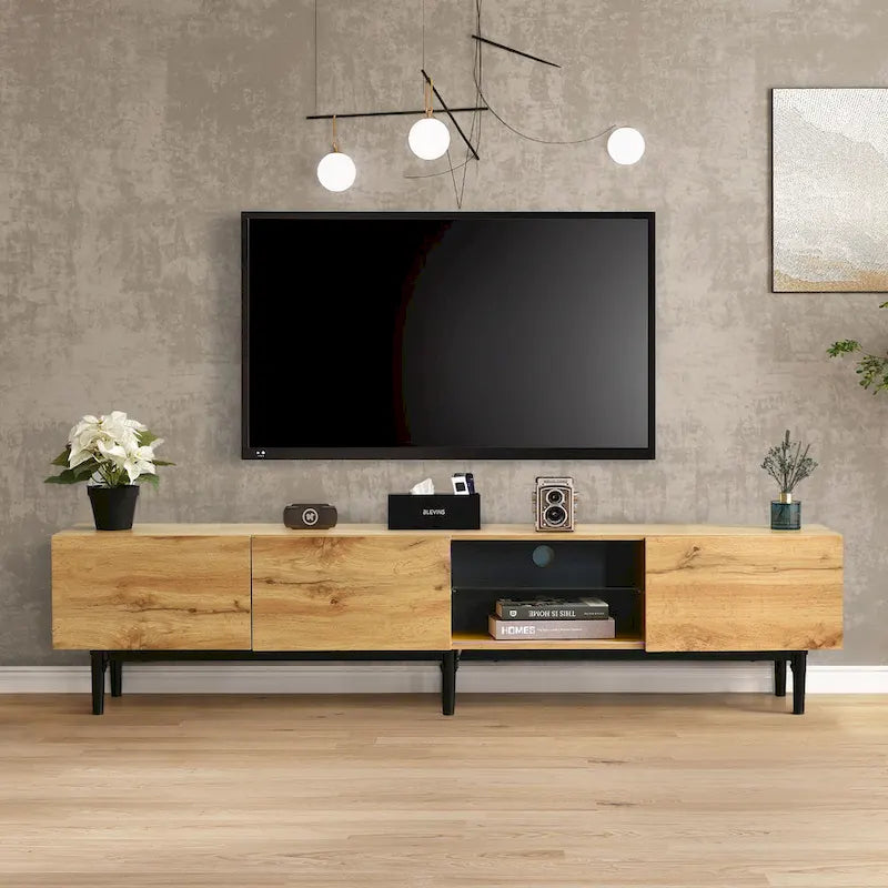 70" Wood TV Stand with LED Lights, Cabinets & Open Shelves