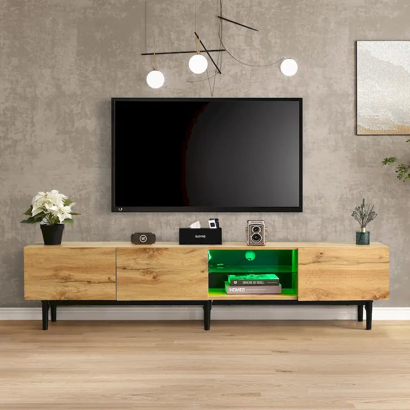 70" Wood TV Stand with LED Lights, Cabinets & Open Shelves