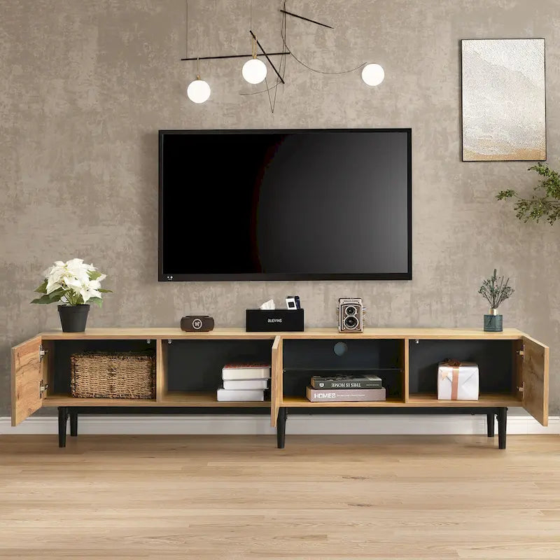 70" Wood TV Stand with LED Lights, Cabinets & Open Shelves