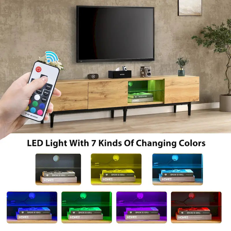 Meuble TV 70" en bois avec lumières LED, placards et étagères ouvertes