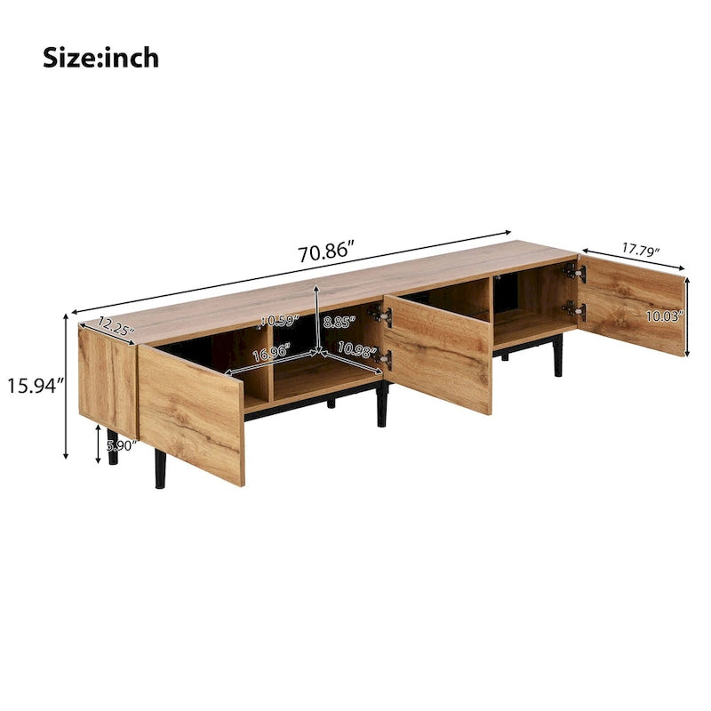Meuble TV 70" en bois avec lumières LED, placards et étagères ouvertes