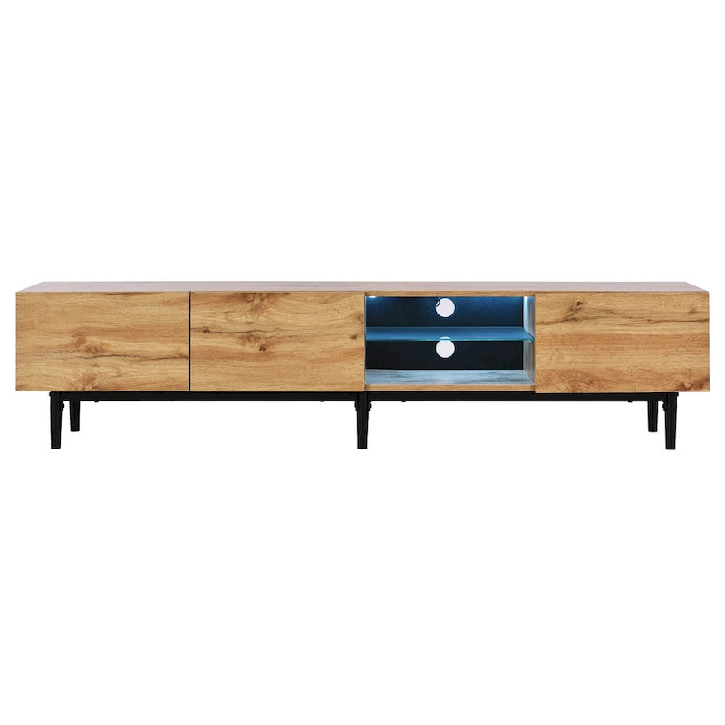 Meuble TV 70" en bois avec lumières LED, placards et étagères ouvertes