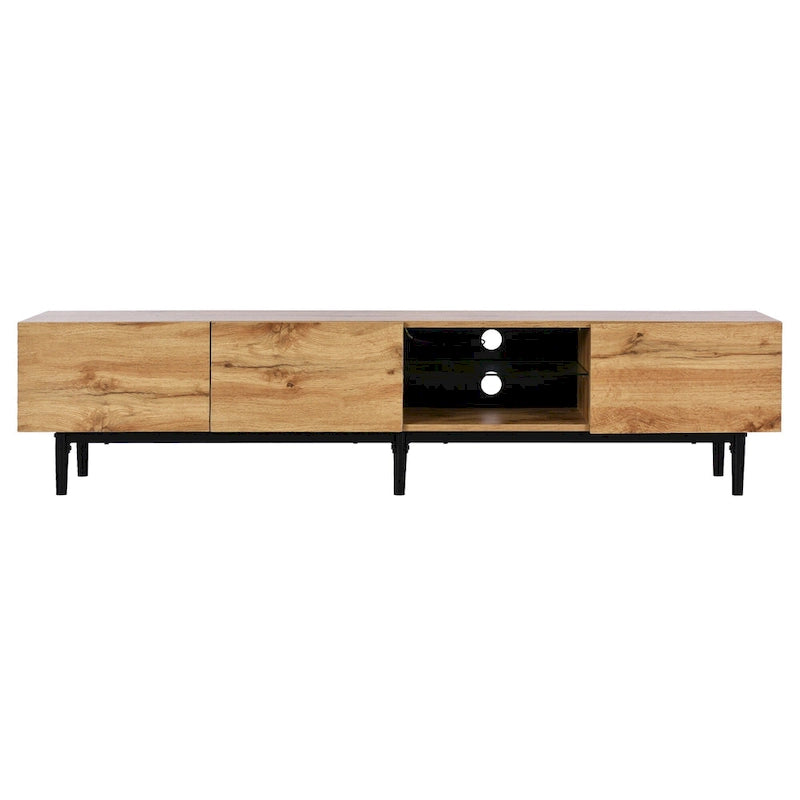 Meuble TV 70" en bois avec lumières LED, placards et étagères ouvertes