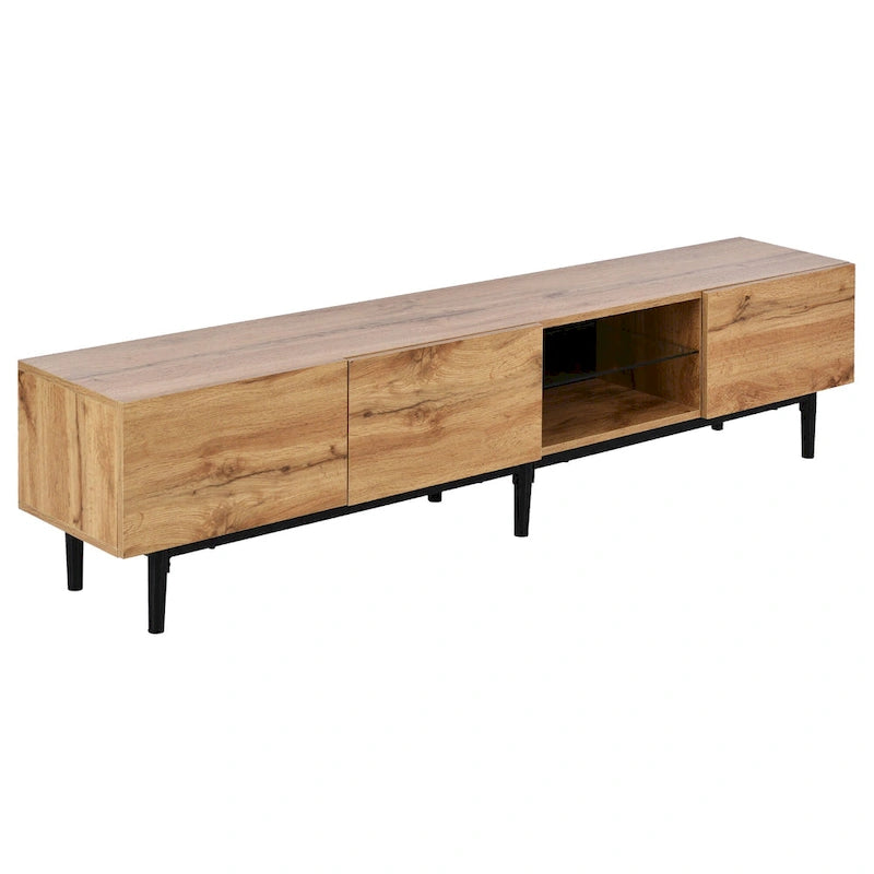 Meuble TV 70" en bois avec lumières LED, placards et étagères ouvertes