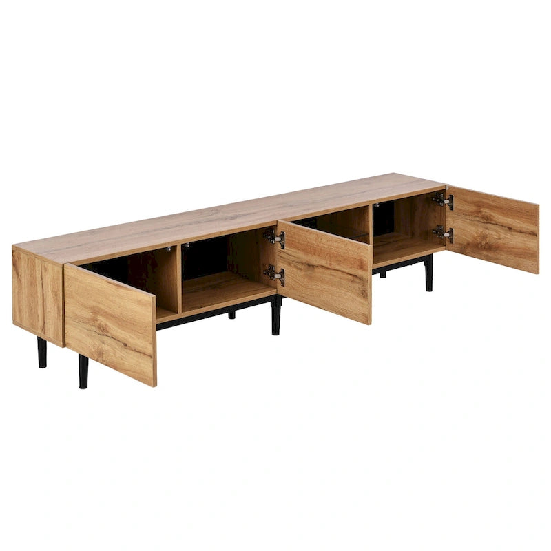 Meuble TV 70" en bois avec lumières LED, placards et étagères ouvertes