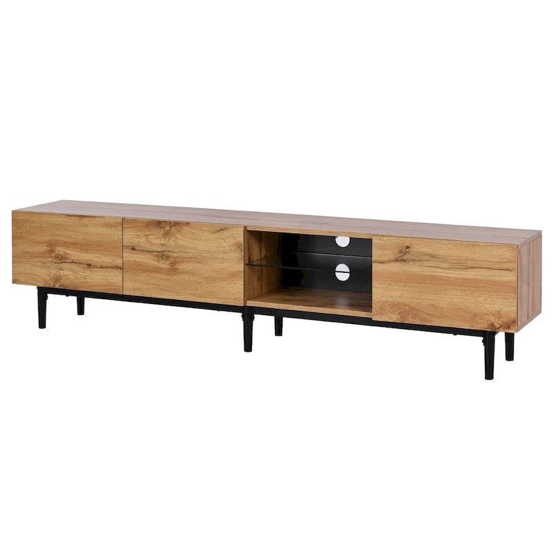 Meuble TV 70" en bois avec lumières LED, placards et étagères ouvertes