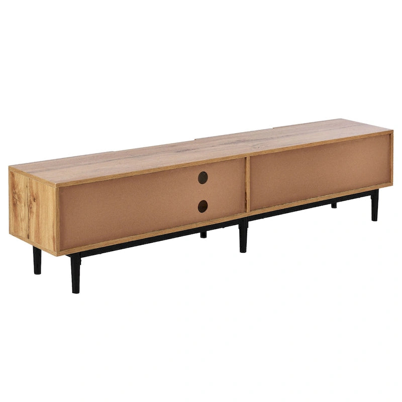 Meuble TV 70" en bois avec lumières LED, placards et étagères ouvertes