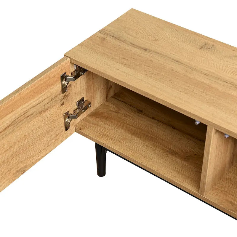 Meuble TV 70" en bois avec lumières LED, placards et étagères ouvertes