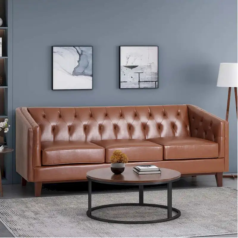 81" Button Tufted PU Leather 3-Seater Sofa with Wood Legs, Light Brown