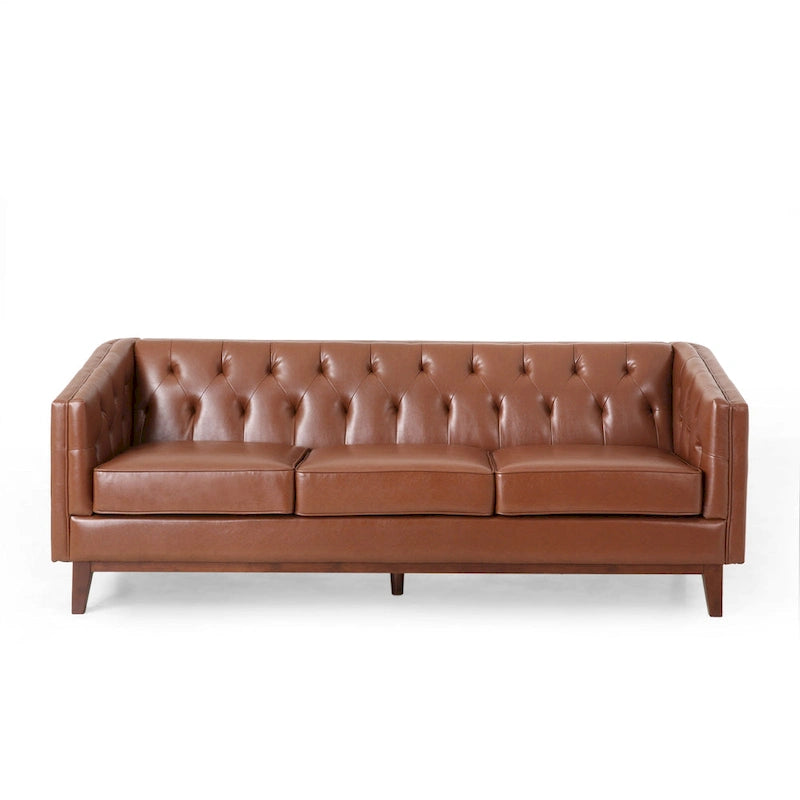 81" Button Tufted PU Leather 3-Seater Sofa with Wood Legs, Light Brown