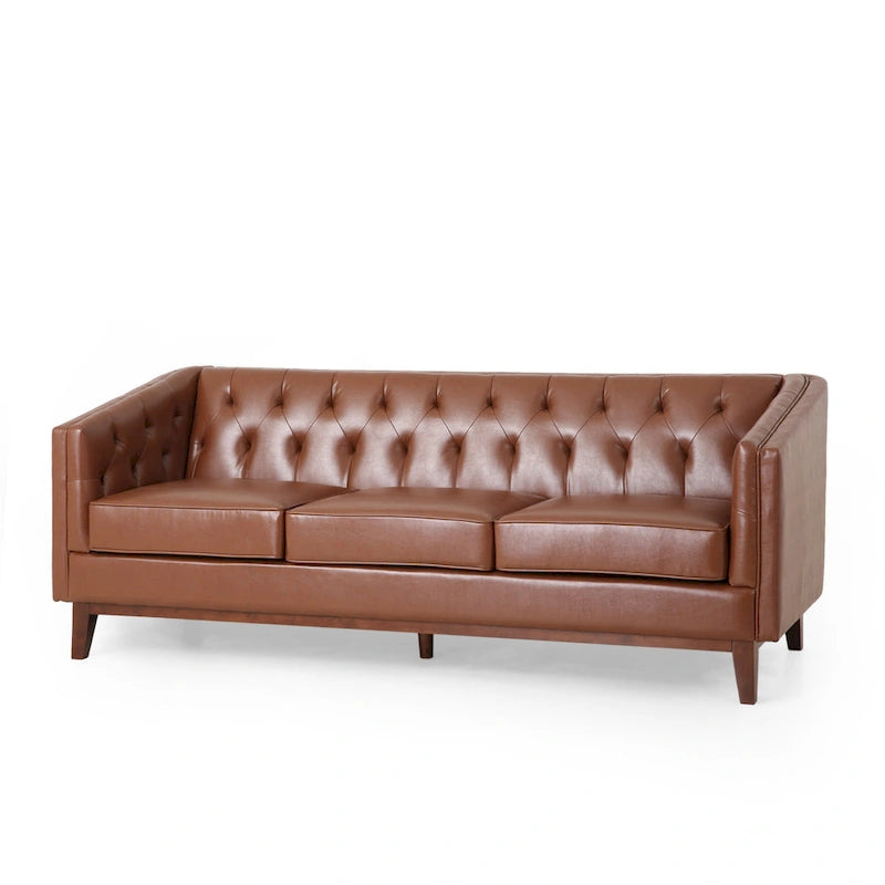 81" Button Tufted PU Leather 3-Seater Sofa with Wood Legs, Light Brown