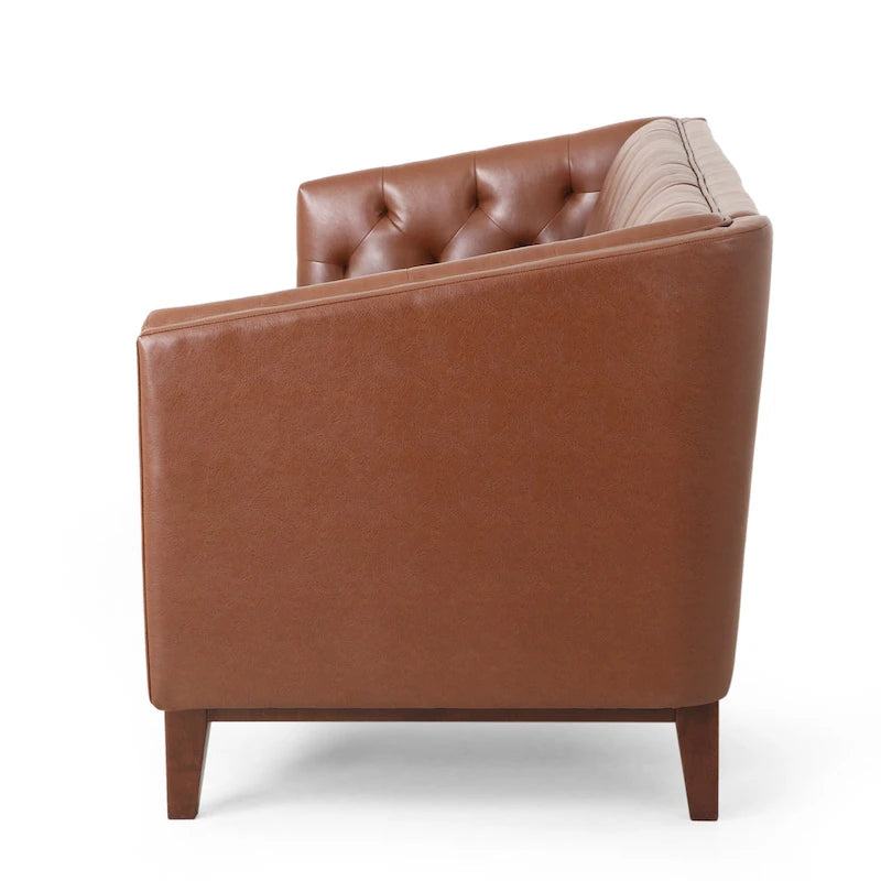 81" Button Tufted PU Leather 3-Seater Sofa with Wood Legs, Light Brown