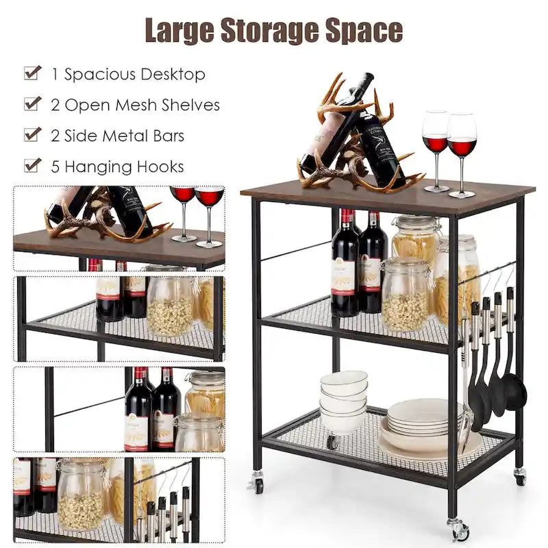 3 Tier Kitchen Rolling Microwave Cart Bar Service Cart with Wheels