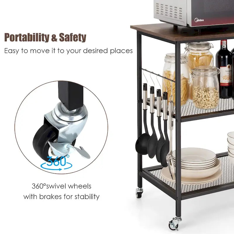 Chariot de service à 3 niveaux pour micro-ondes de cuisine avec roulettes
