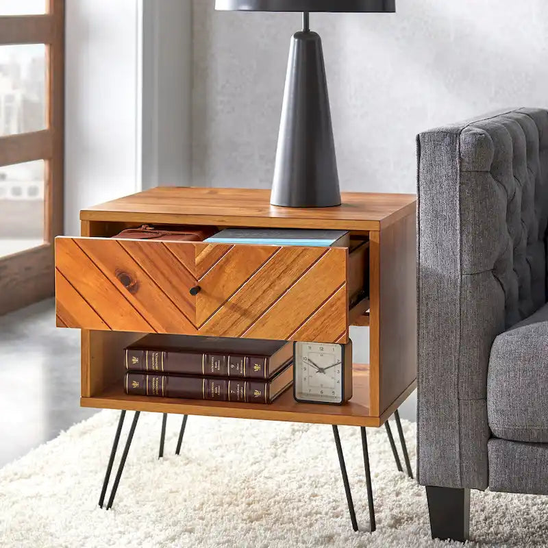 1-Drawer End Table with Chevron Pattern and Lower Shelf