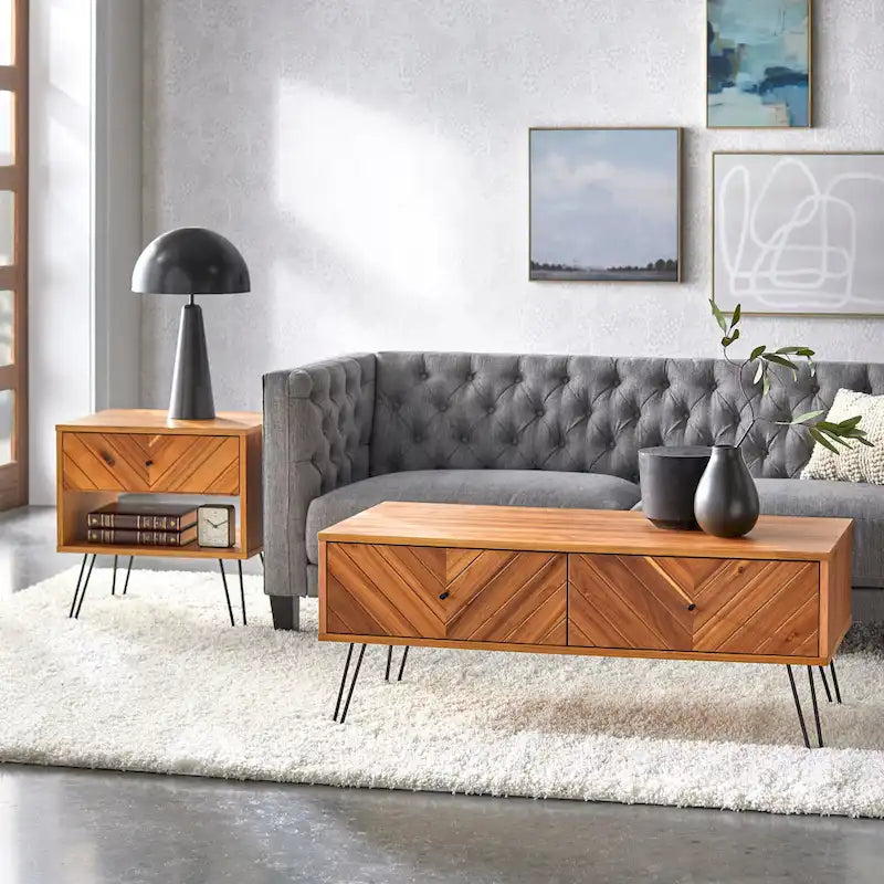 1-Drawer End Table with Chevron Pattern and Lower Shelf