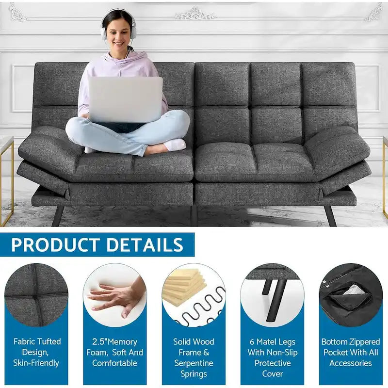 Futon moderne en mousse à mémoire de forme avec accoudoirs réglables
