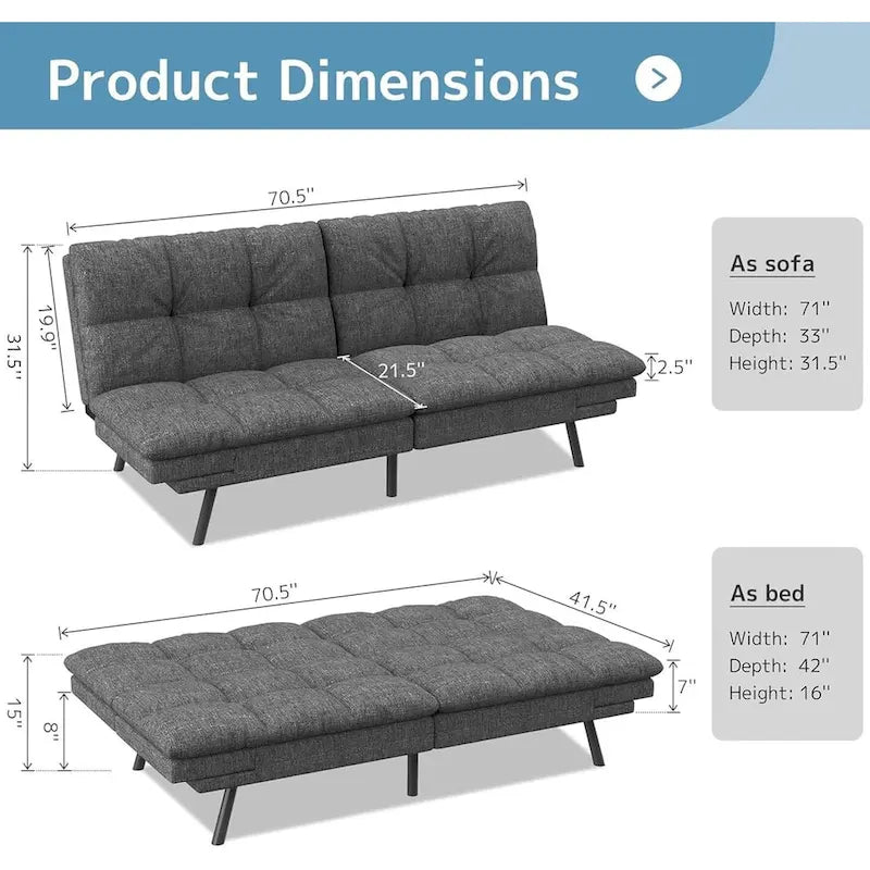 Futon moderne en mousse à mémoire de forme avec accoudoirs réglables